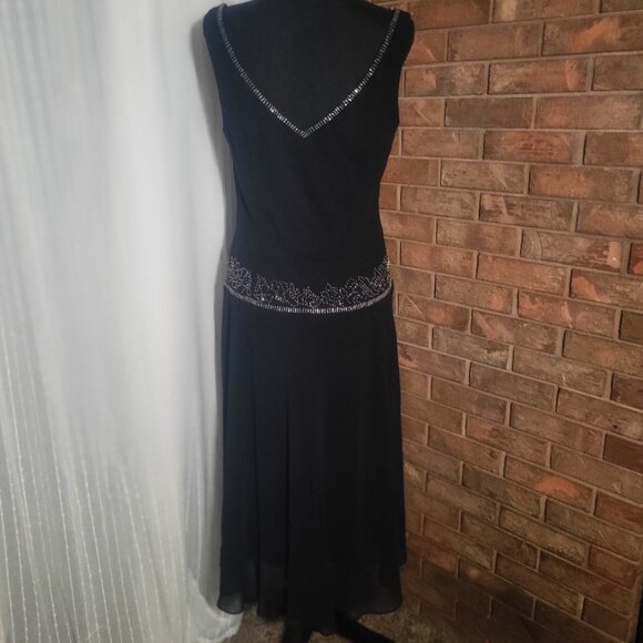 Alex Evenings Black Chiffon Drop Waist Bead Embellished Open Neck Gown - Sz 14 - Picture 4 of 16